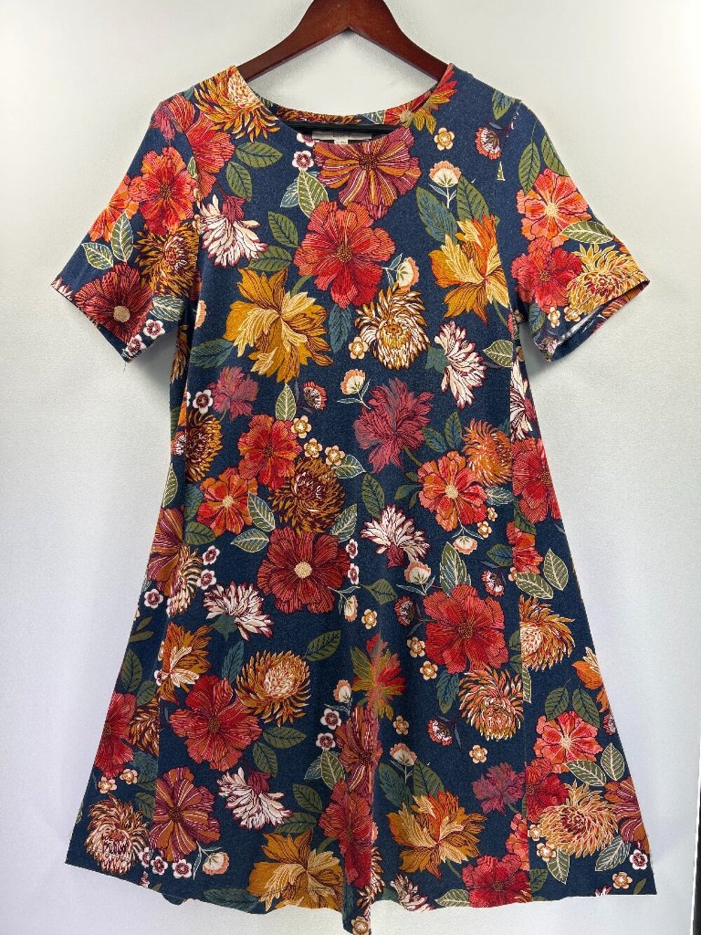 LOFT Navy Floral Print Short Sleeve Shift Dress Size M